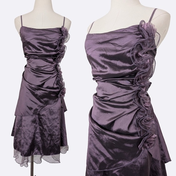 Vintage Dresses & Skirts - Vintage Purple Asymmetrical Ruffle Satin Dress